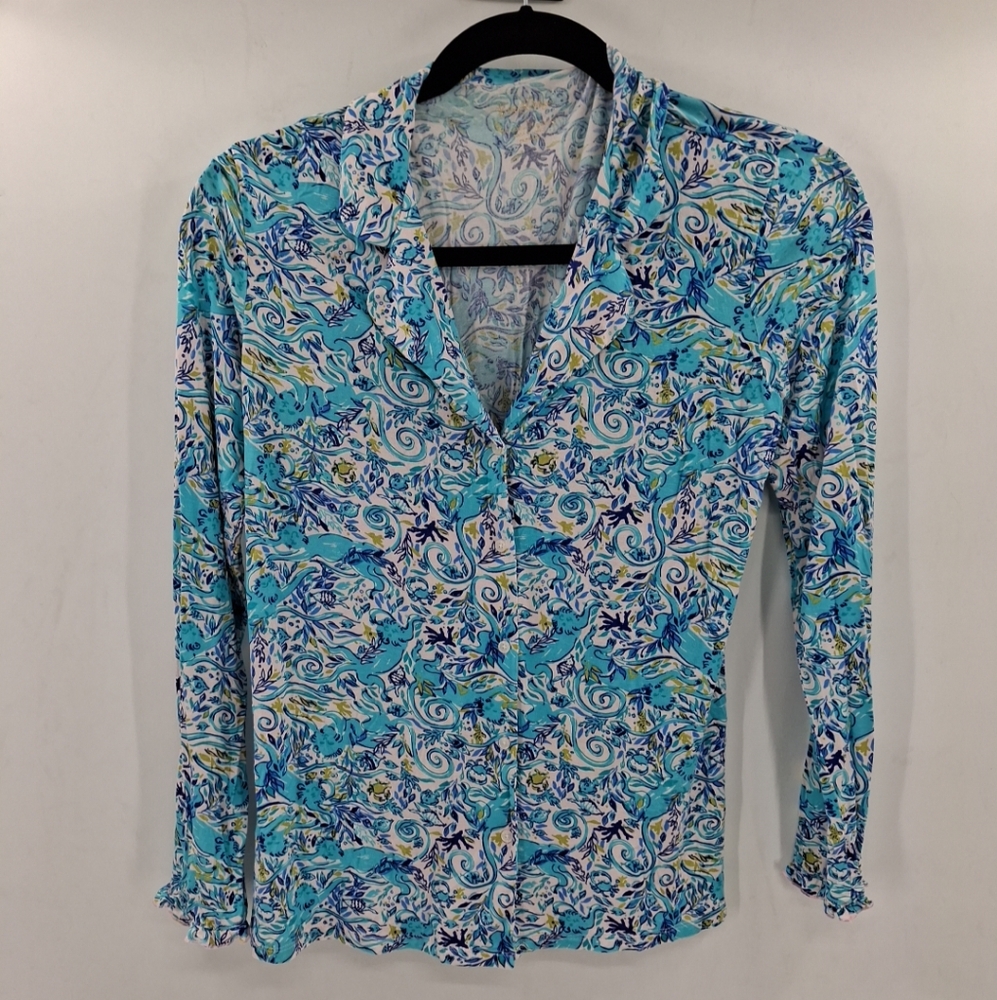 Lilly Pulitzer Women's Large Ruffle PJ Button Up Top Blue Monkey Sea Long...